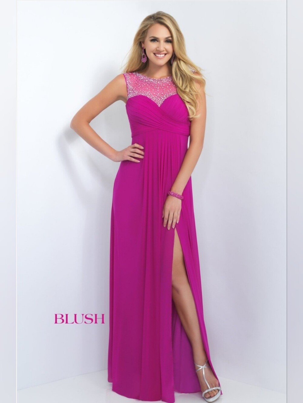 Beaded Sleeveless Prom Gown in Fuchsia Pink